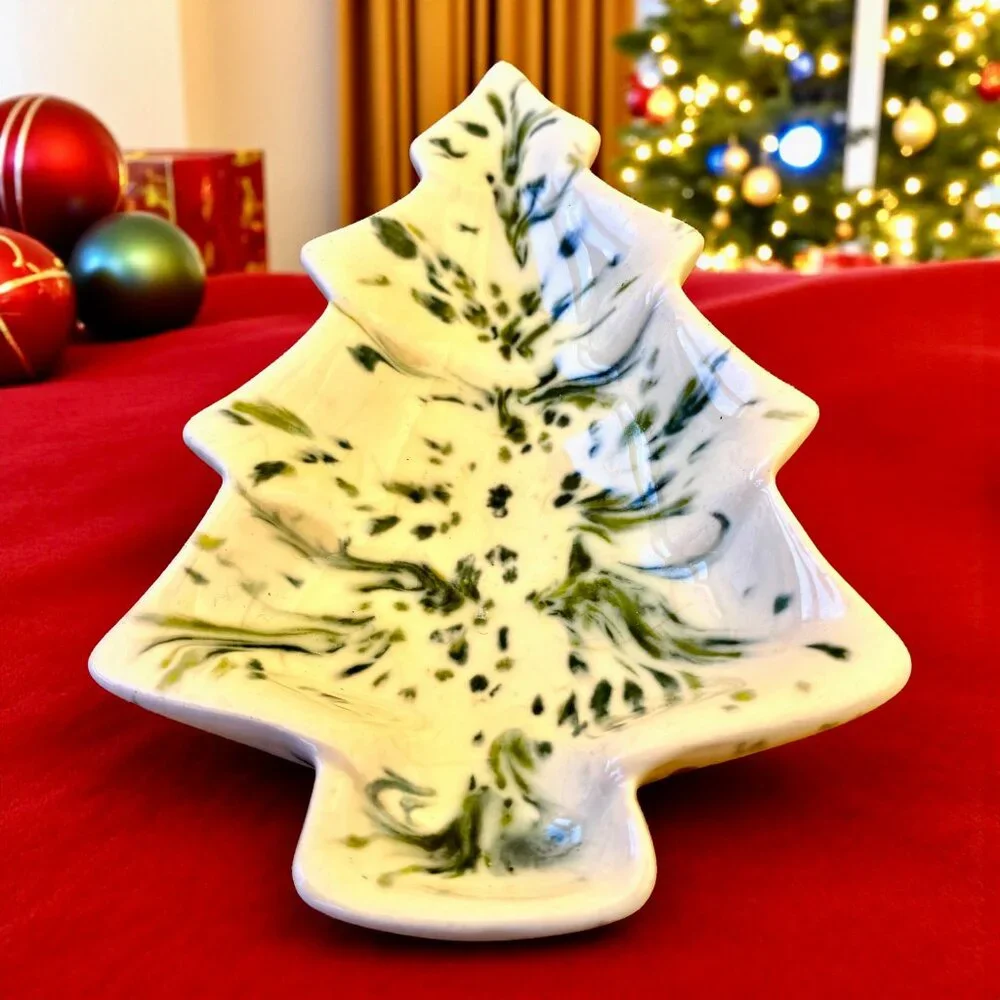 Vintage 70''s Ceramic Christmas Tree Speckled Splatter Candy Dish Trinket Small